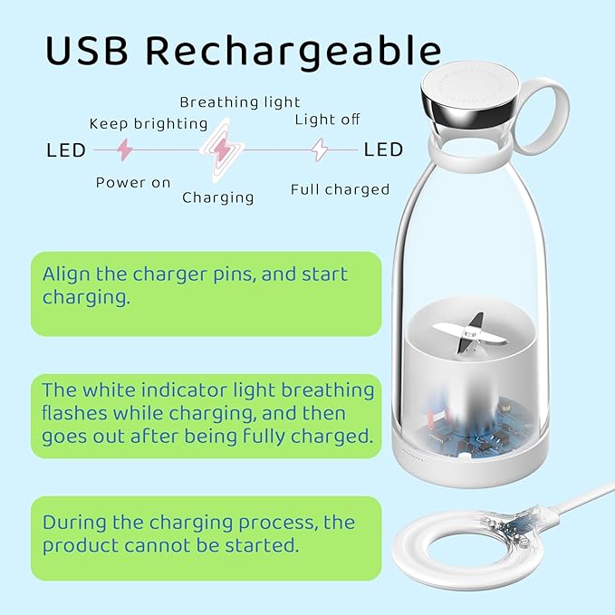 Asa Vea Mini Blender for Smoothies and Milkshakes, Portable Blender, Rechargeable, Personal Size Blender with Quota Outer Travel Lid with 4 Blades, 11 oz for Outdoors, Camping (White)