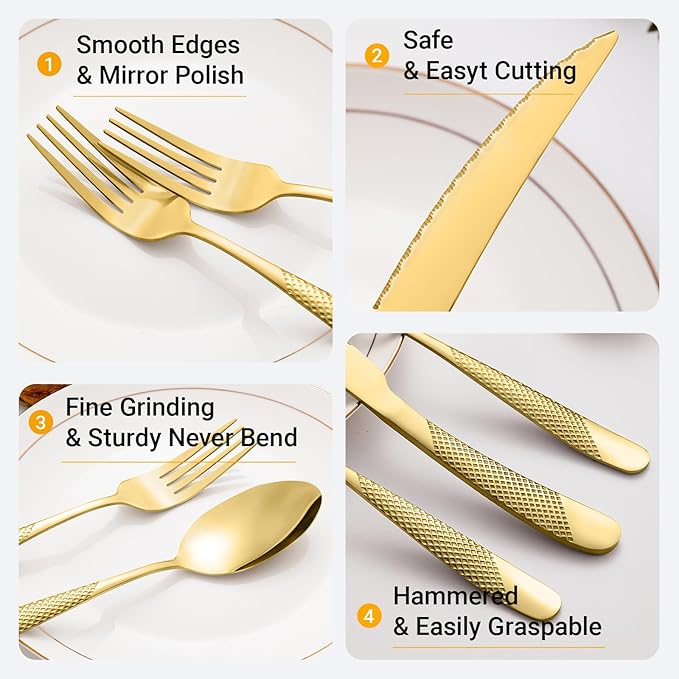 24-Piece Golden Hammered Silverware Set, Food-Grade Stainless Steel Flatware Service for 6, Modern Cutlery Utensil Set with Forks Knives Spoons, Mirror Polished, Dishwasher Safe for Kitchen Dining