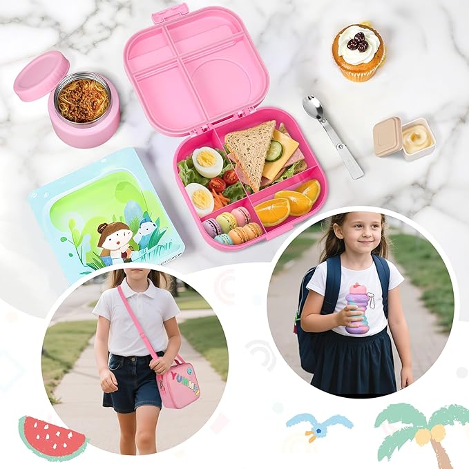 Kids Bento Lunch Box with 12oz Soup Thermo, Kids Leakproof Lunch Food Container with 4 Compartments, Insulated Lunch Bag & Water Cup for Girls Boys to School Travel