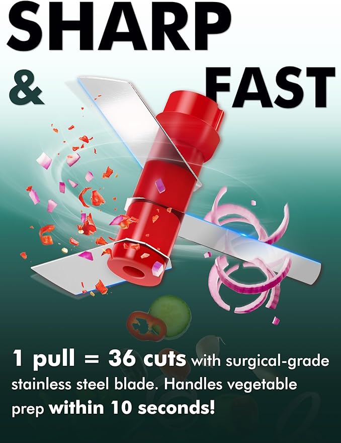 Manual Food Processor Vegetable Cutter, Geedel Pull Chopper with String, Food Chopper Vegetable Cutter for Veggies, Fruits, Salad, Onion, Nuts, Herbs, etc, 2 Cup(500ml), Red