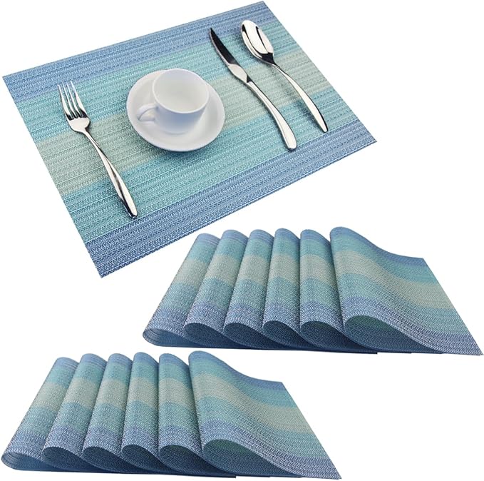 PIGCHCY Placemats Set of 12 Washable Durable Place Mats Vinyl Heat Resistant Non-Slip Table Mats Indoor Outdoor (Coastal Blue)