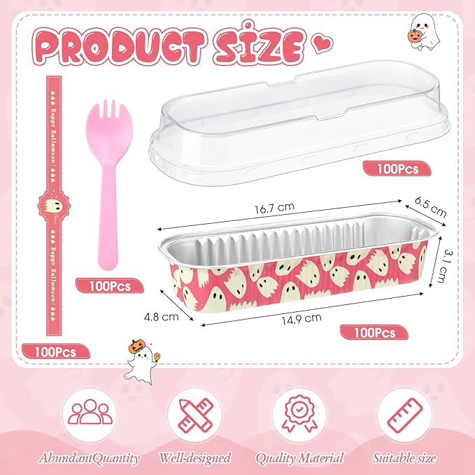 Tioncy 50 Pcs Halloween Mini Pink Loaf Pans with Lids Spoons Sticker Cute Ghost 6.8oz Disposable Rectangle Aluminum Foil Baking Pans Muffin Cupcake Cups for Picnics Birthday Halloween Party Supply