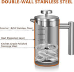 Miuly 21OZ French Press Coffee Maker 600ML Stainless Steel Coffee Press with 3 Level Filtration System, Double Wall Insulated French Press with 2 Filters
