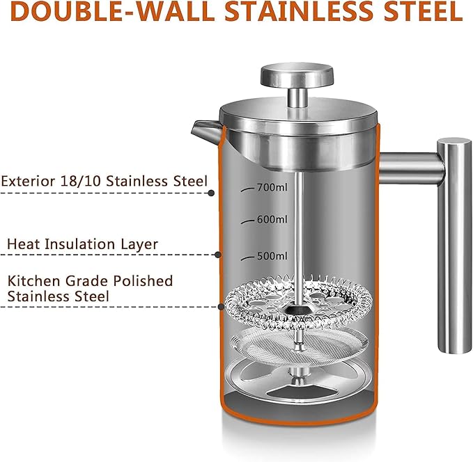 Miuly 21OZ French Press Coffee Maker 600ML Stainless Steel Coffee Press with 3 Level Filtration System, Double Wall Insulated French Press with 2 Filters