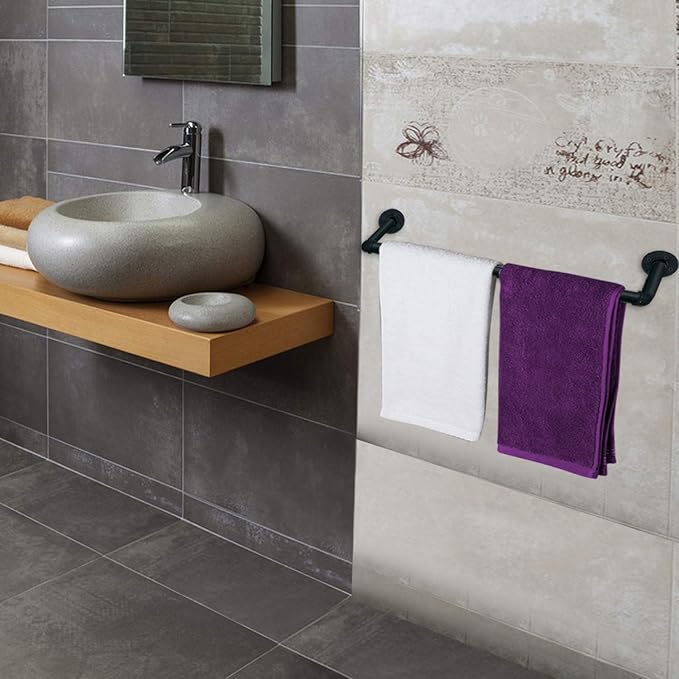 TLBTEK 20 inch Industrial Pipe Clothes Rack,Black Iron Bathroom Kitchen Towel Bar,Vintage Farmhouse DIY Wall Mounted Pot Bar Rack, Detachable Kitchen Utensils Hanger with 8 pcs S Hooks