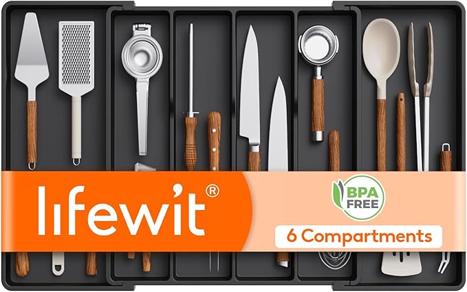 Lifewit Utensil Kitchen Drawer Organizer, Expandable from 18 to 30 inches, Plastic Cooking Cutlery Silverware Tray, Adjustable Spatula Holder, Flatware Tools Gadgets Storage Divider, XXL,Black