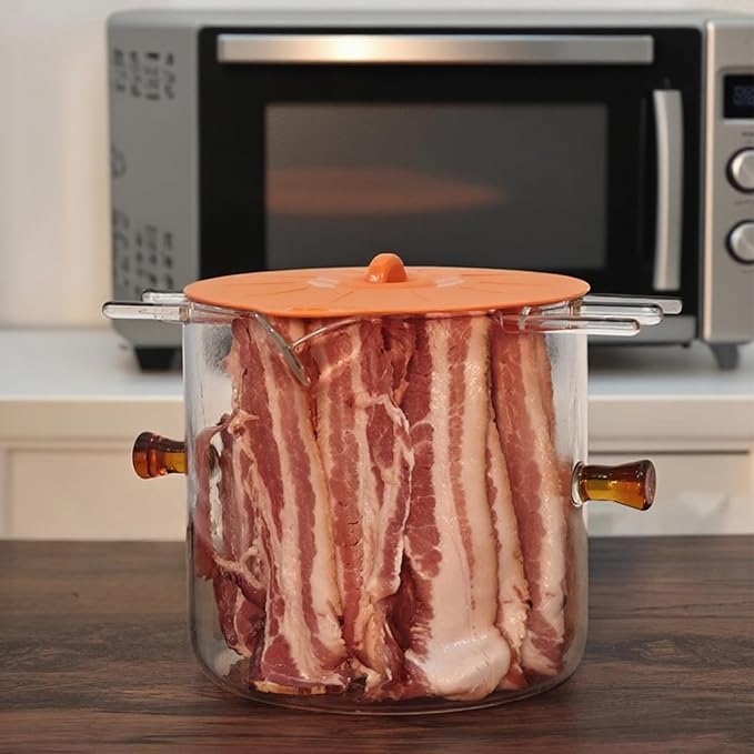 Microwave Bacon Cooker, 2 in-1 Glass Cooking Pot, Microwavable Bacon Grill with Silicone Lid, Grease Easy Clean