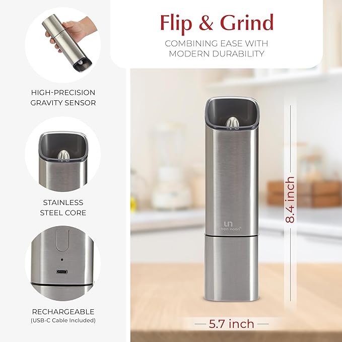 Automatic Salt and Pepper Grinder Set - Rechargeable Electric Salt and Pepper Shakers with Adjustable Coarseness, LED Light, One-Handed Use, Gravity Salt Grinder and Electric Pepper Mill
