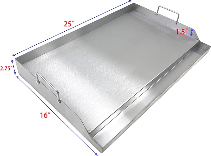 Direct Store Parts DS127 Stainless Steel BBQ Cooking Griddle, Universal Flat Top Griddle with 2 Handles for Most Gas Grills, W25"×D16"×H2.75", Heavy Duty Stainless Steel Griddle 1pc, Large size