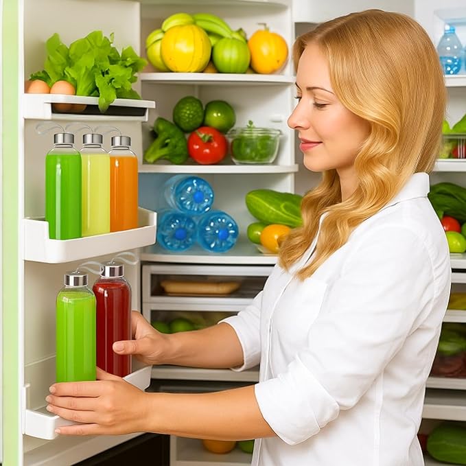 12 Pack 18oz Glass Juice Bottles with Lids Carry Strap, Reusable Glass Water Bottle BPA Free Leakproof Wide Mouth Smoothie Tea Coffee Cold Brew Storage Refrigerator Safe