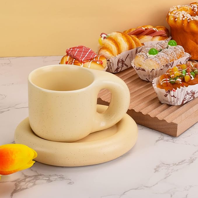 Koythin Ceramic Coffee Chubby Mug Saucer Set, Creative Cute Fat Handle Cup with Saucer for Office and Home, Dishwasher and Microwave Safe, 10 oz for Latte Tea Milk (Milky Apricot)
