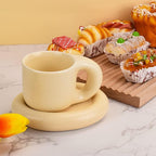 Koythin Ceramic Coffee Chubby Mug Saucer Set, Creative Cute Fat Handle Cup with Saucer for Office and Home, Dishwasher and Microwave Safe, 10 oz for Latte Tea Milk (Milky Apricot)