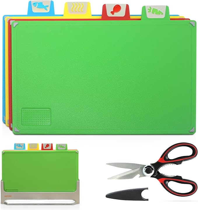 Cutting Board Set: 4-Piece Color-Coded, Non-Slip, BPA-Free, Perfect kitchen essentials for new home, Dishwasher Safe with Premium Scissors and Chopping Board Organizer, Quality kitchen stuff.