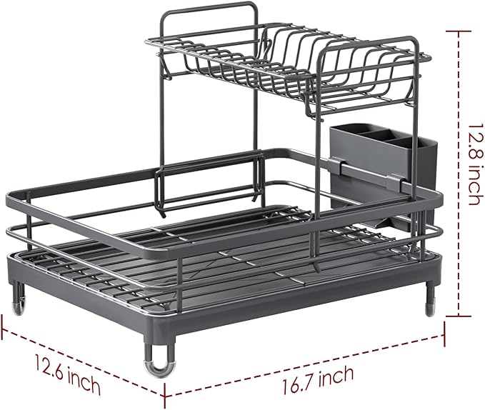 Dish Drying Rack - X-Large Stainless Steel Dish Rack for Kitchen Counter, 2-Tier Kitchen Organizers and Storage for Dishes, Bowls, Cutlery, Gray