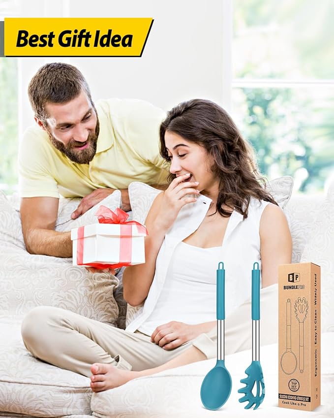 Silicone Pasta Fork and Cooking Spoon Set, Non Stick Kitchen Utensils for Cooking,Stirring,Serving Spaghetti, Soup, Sauce (BLUE)