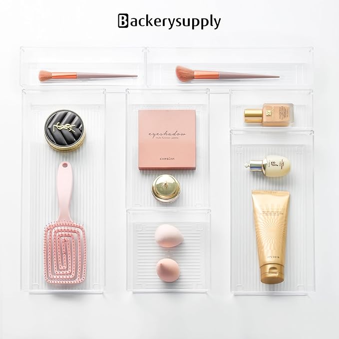 Backerysupply 4 Pack Storage Bins For Bathroom Cosmetic Makeup Vanity Clear Plastic Desk Drawer Organizers Tray Kitchen Utensils Silverware Dividers 15"x6"x2"