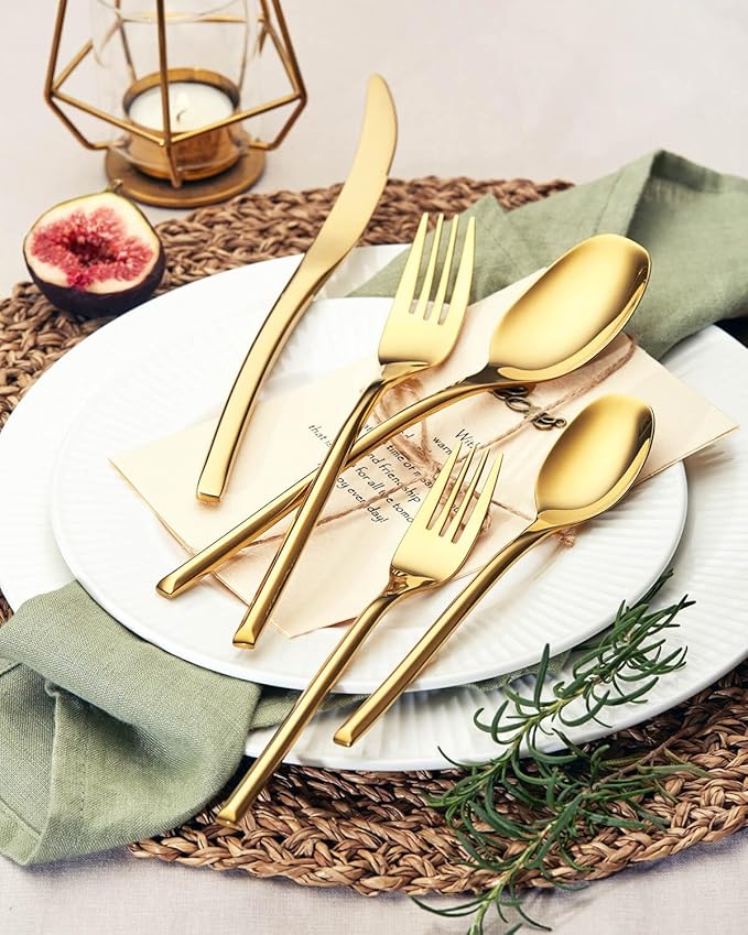 Lemeya 40-Piece Gold Silverware Set for 8,Modern 18/10 Stainless Steel Flatware Set,Luxury Cutlery Set,Unique Utensils Set for Restaurant,Spoons and Forks Set,Mirror Polished,Dishwasher Safe