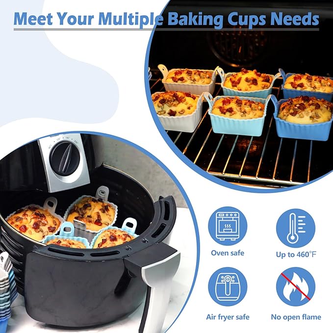 Koluti Nonstick Silicone Muffin Baking Cups Pack of 12, Reusable Cupcake Molds with Double Handle, BPA Free, Mini Rectangle Air Fryer Cupcakes Liner, 3 Colors