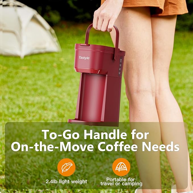 Single Serve One Cup Coffee Maker, for K Cups and Grounds, Mini Coffee Maker with Portable Handle, 6 to 12 Oz Brew Size, for Travel, Camping, Office, RV and Dorm, 120V, Vintage Red