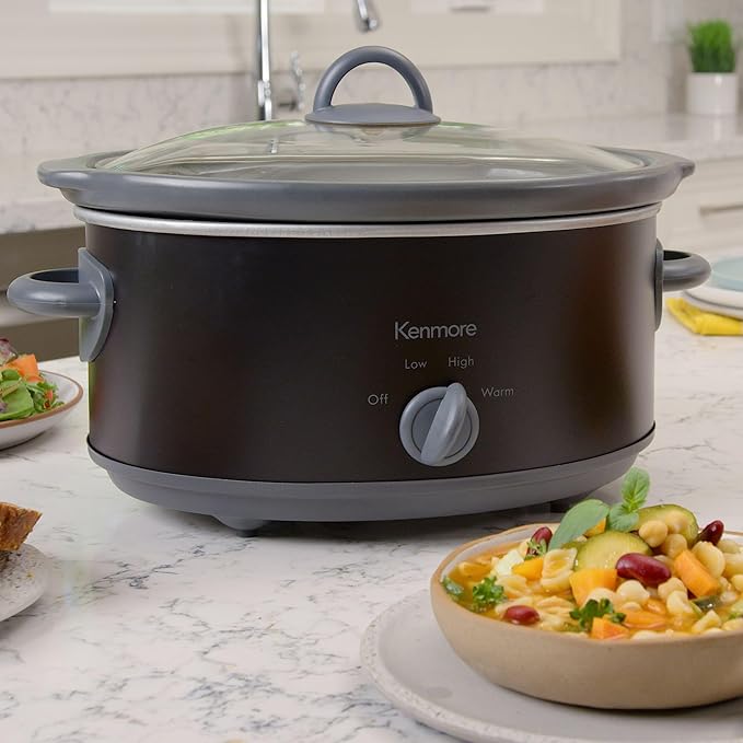 Kenmore Slow Cooker - 5 Lb Chicken 3 Lb Roast Mini Crock Pot With Glass Lid, Stainless Steel Electric Cookers, Warm Rice & Sous Vide Stew, Soup, Lunch, Dishwaher Safe Non-Stick Ceramic Insert, 5 Quart
