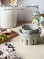 Gomakren Ceramic Berry Basket Set of 2, Round Fruit Bowl with Holes, Fruit Storage Containers for Kitchen, Cute Strawberry Basket for Berries, Grape, Cherry, Gray