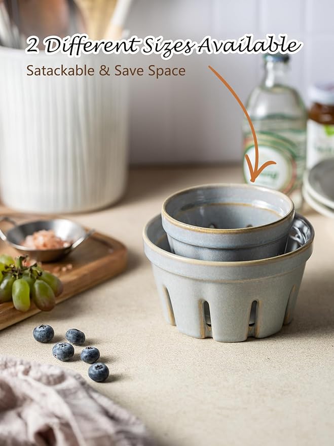 Gomakren Ceramic Berry Basket Set of 2, Round Fruit Bowl with Holes, Fruit Storage Containers for Kitchen, Cute Strawberry Basket for Berries, Grape, Cherry, Gray