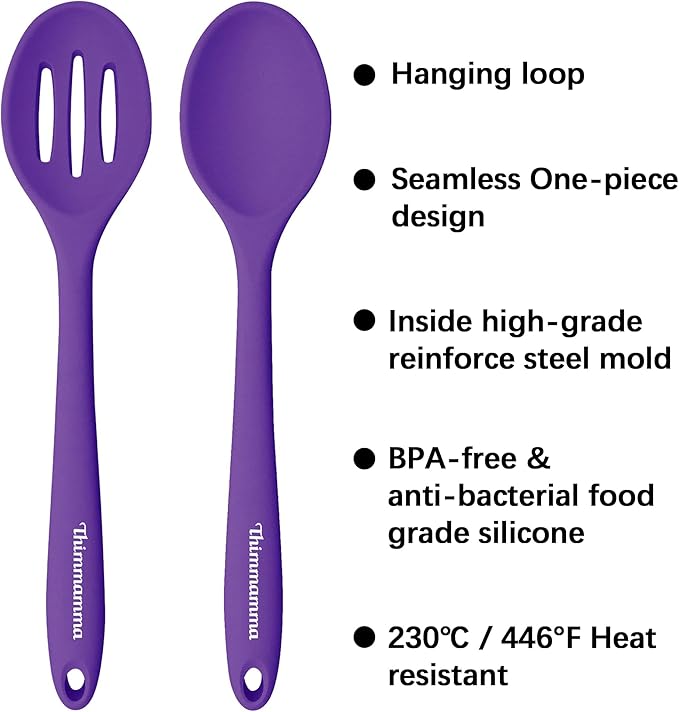 Silicone Spoon for Cooking, BPA Free Silicone Slotted Solid Spoons Set Heat Resistant, Dishwasher Safe Nonstick Silicone Kitchen Serving Spoon Set for Mixing Basting Stirring, Purple