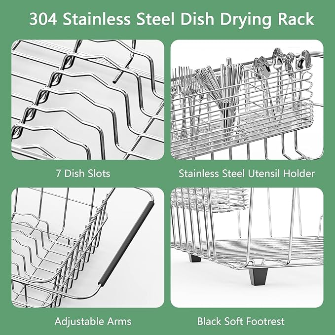 Large Dish Drainer Rack in Sink Adjustable, Expandable 304 Stainless Steel Metal Dish Drying Rack Organizer with Stainless Steel Utensil Holder Over Inside Sink Counter, Rustproof