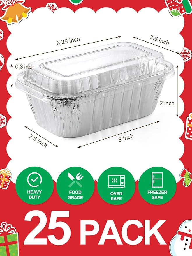 25 Pack 6x3.5x2 Disposable Aluminum Loaf Pans with Lids - 1 Lb Mini Loaf Pans, Small Aluminum Tin Foil Baking Pan, Food Containers for Baking, Cakes, Bread, Meat, Loaves
