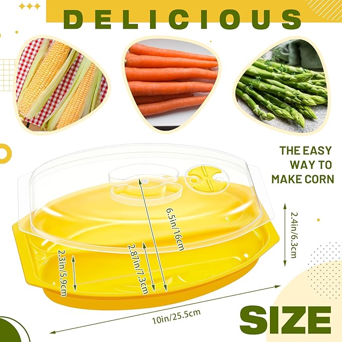 2 Pcs Microwave Corn Steamer with Lid for Frozen Corn Broccolini Vegetables on The Cob, Fast & Easy, 2 Pcs at Once, Vented Lid, Dishwasher Safe, Microwave Dishes Steamer Kitchen Tool (Yellow)