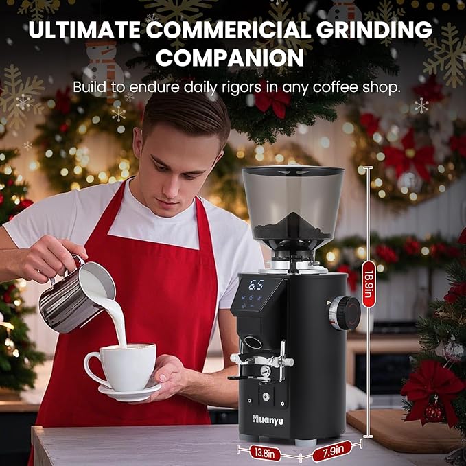 Huanyu Commercial Coffee Grinder - Touchscreen Control, 8 Grind Settings, 64mm Flat Burr, Dual Dosing Modes for Coffee Shops