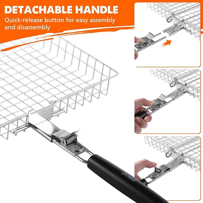 Nesting Grill Baskets, 2pcs Grilling Baskets for Outdoor with Removable Handle, Stainless Steel BBQ Camping Cooking Accessories Tools for Fish, Vegetable, Shrimp - Gifts for Men Dad Husband