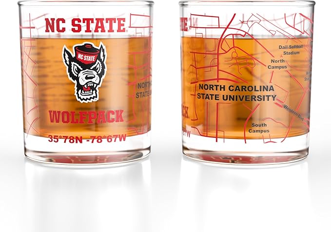 Greenline Goods – North Carolina State University Wolfpack College Whiskey Glasses (Set of 2), 10 oz – Full-Color Logo + Campus Map