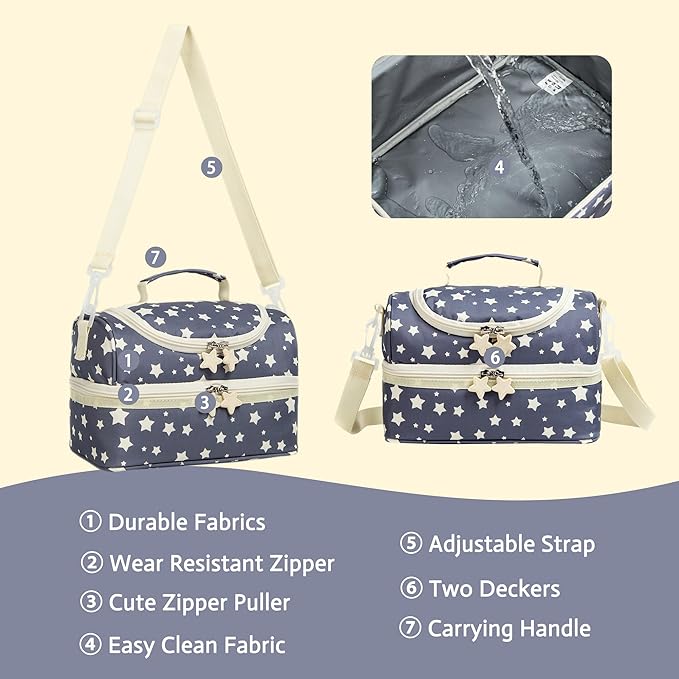 Kids Dual Compartment Lunch Bags Tote for Boys Girls Toddler Lunch Boxes Pre-School Toddler Kindergarten Picnic Camp Food Cooler Thermal with Strap (Yellow Star)