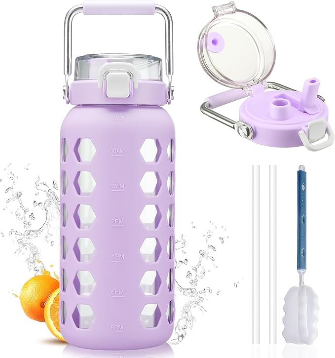 MUKOKO 64oz Glass Water Bottles with Straw and Lid,Half Gallon Water Bottle with Time Marker,Large Glass Water Jug with Silicone Sleeve and Stainless Steel Handle-Purple