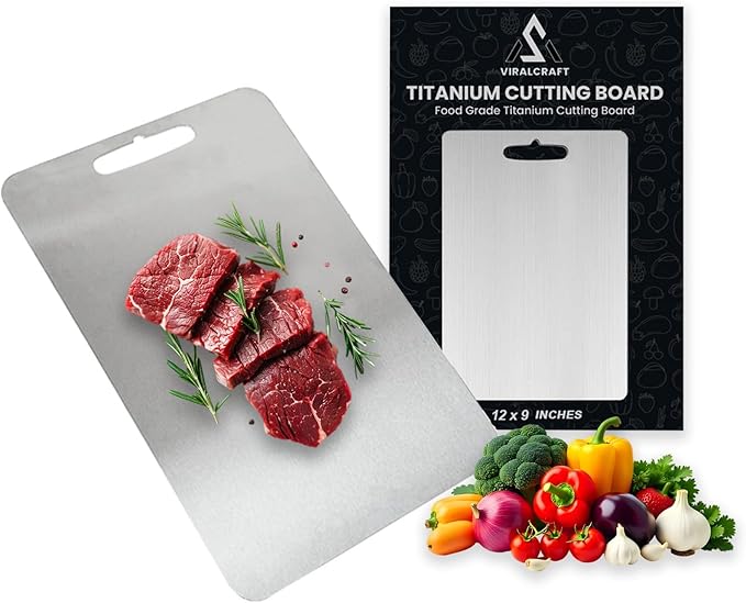 Titanium Cutting Board 12"x9" – 100% Pure Titanium, Scratch Resistant, Double-Sided, Dishwasher Safe, Durable Chopping Board with Handle for Kitchen, Camping & Outdoor Use