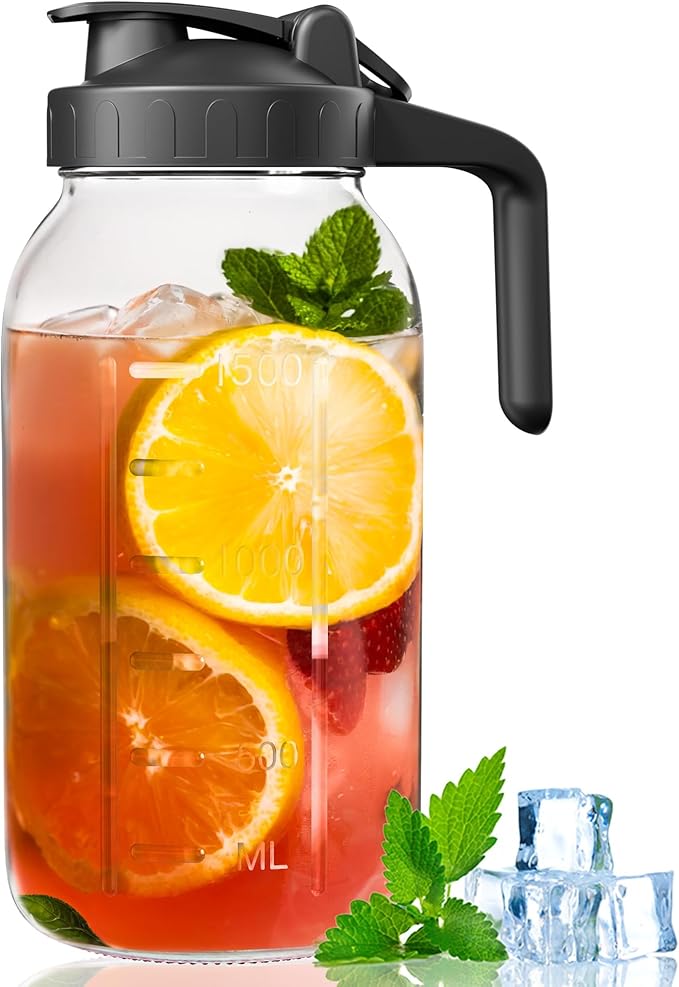 64 oz Mason Jar Pour Spout, 2 Quart Glass Water Pitcher with Lid, Airtight Seal for Great for Iced Tea,Juice,Milk,Coffee,Sun Lemonade, Set of 1(Black)
