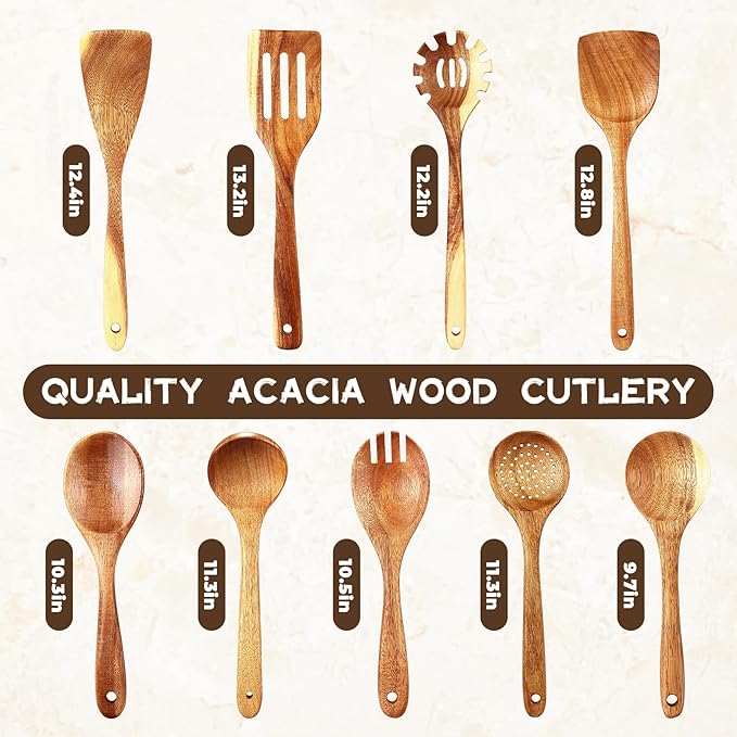 Wooden Spoons for Cooking, 9 Pieces Natural Acacia Kitchen Utensils Set, Long Handles Heat Resistant Kitchen Wooden Cookware for Nonstick Pan (9)