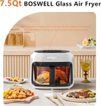 BOSWELL Glass Air Fryer, 7.5QT with Transparent Fry Bowl, Circulating Heating, Temperature Control, Stainless Steel Air Fryer Roast, Dishwasher Safe (white)