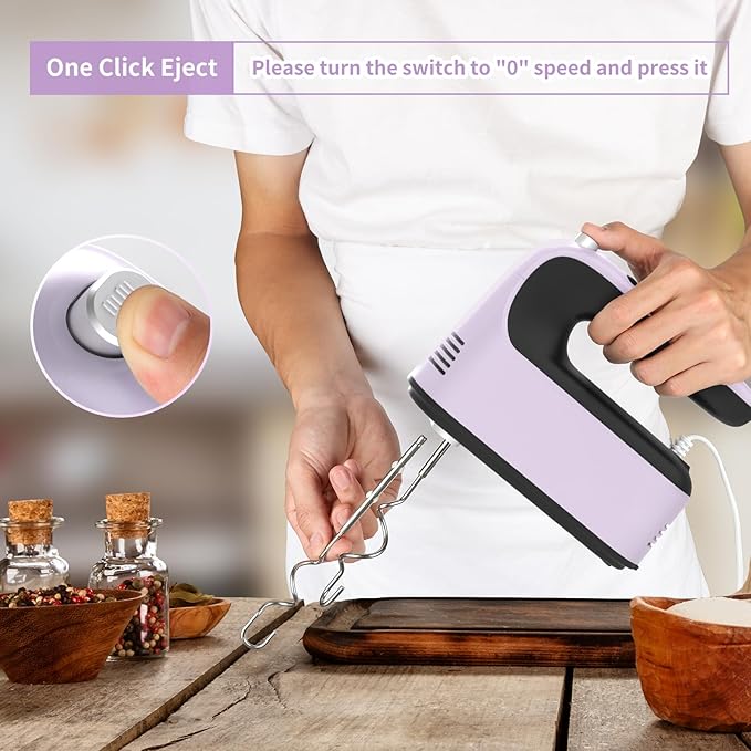 9-Speed Digital Hand Mixer Electric, 400W Powerful DC Motor, Baking Mixer Handheld with Snap-On Storage Case, 5 Stainless Steel Accessories, Flat Beaters, Dough Hooks, Whisk (Purple&Black)