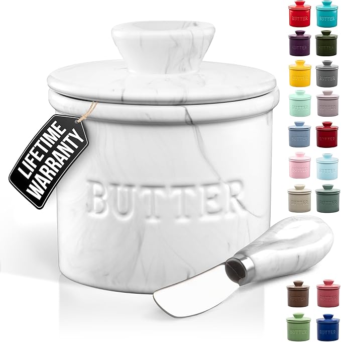 Zulay Kitchen Porcelain Butter Crock With Lid & Knife - Authentic French Butter Dish For Fresh & Spreadable Butter - Marble
