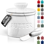 Zulay Kitchen Porcelain Butter Crock With Lid & Knife - Authentic French Butter Dish For Fresh & Spreadable Butter - Marble