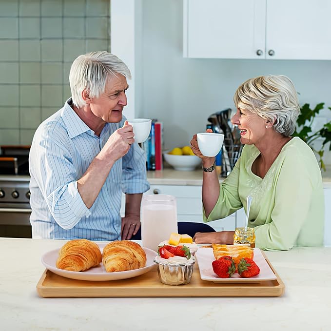 Upgrated Bamboo Serving Tray with Handles – Premium 15”x10” Lightweight Decorative Platter for Breakfast in Bed, Coffee Table, BBQ, Kitchen, Ottoman & Party – Perfect for Lap, Couch & Gifting