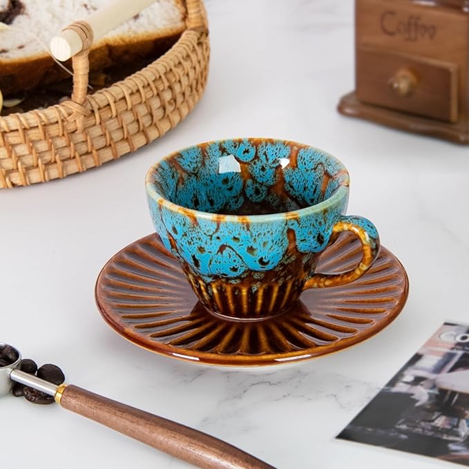 2 oz Espresso Cups Set of 2, Ceramic Cappuccino Cups with Saucers, Durable Porcelain Tea Set & Modern Coffee Cup Collection, Coffee Lover Gifts, Glazed Blue