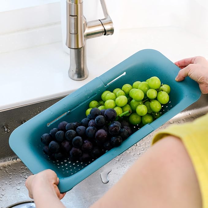 BLUE GINKGO Sink Colander Baskets - (Pack of 2) Wash Vegetables and Fruits, Drain Cooked Pasta and Dry Dishes - Extendable - New Home Kitchen Essentials (2 Teal)