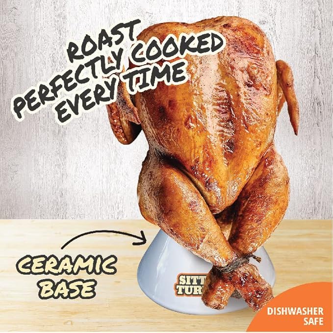 Sittin' Turkey Ceramic Beer Can Roaster & Steamer- Easily Infuse Marinades & BBQ flavors for Juicy, Flavorful Meat- XL Base Perfectly Cooks up to an 18lb Turkey- Xmas Dinner & Holiday Party Essential