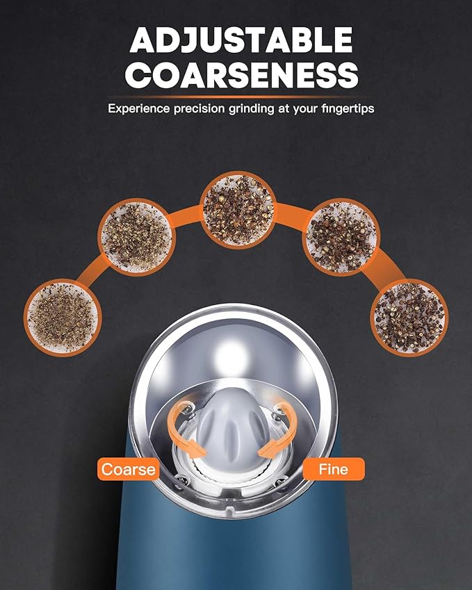 AmuseWit Gravity Electric Salt and Pepper Grinder Set [White Light] USB Rechargeable Automatic Pepper and Salt Mills,Adjustable Coarseness,One-Handed Operation, Misty Blue