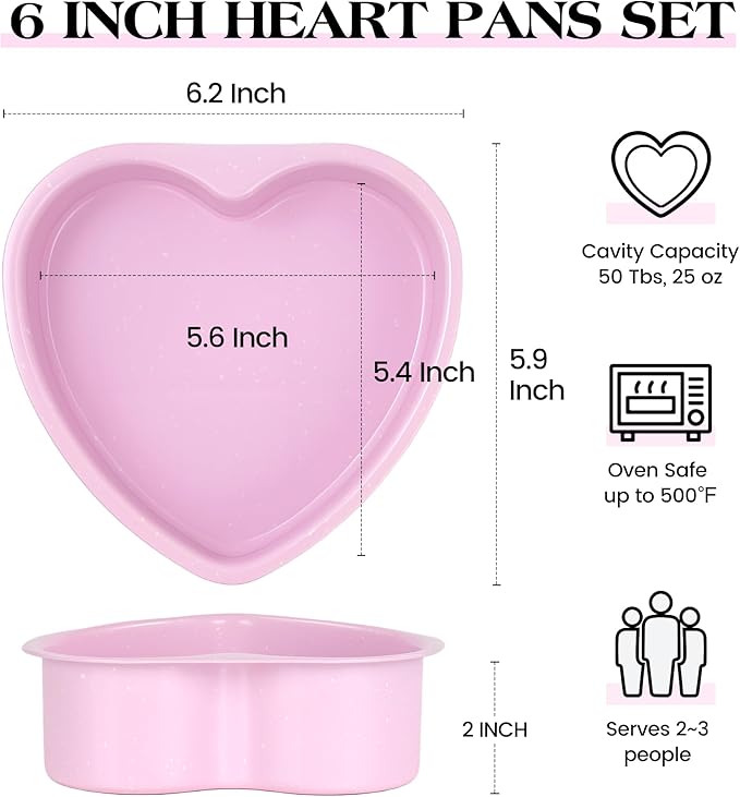 6 Inch Heart Shaped Cake Pans Set 2 Pack Nonstick Cake Pan for Baking Stainless Steel Small Heart Molds (Pink)