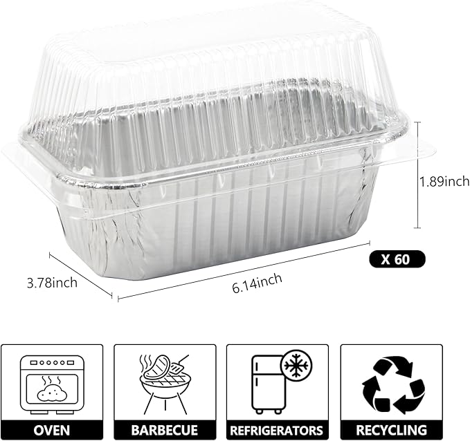 Ruckae 1lb Aluminum Mini Loaf Pans with Lids Silver Disposable Foil Mini Loaf Baking Pans Small Bread Tins for Party,Picnics,Gifts- 6" X 3.5" X 1.8" (60pcs+lids+stickers)