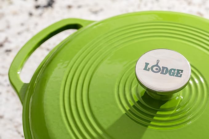 Lodge 6 Quart Enameled Cast Iron Dutch Oven with Lid – Dual Handles – Oven Safe up to 500° F or on Stovetop - Use to Marinate, Cook, Bake, Refrigerate and Serve – Avocado